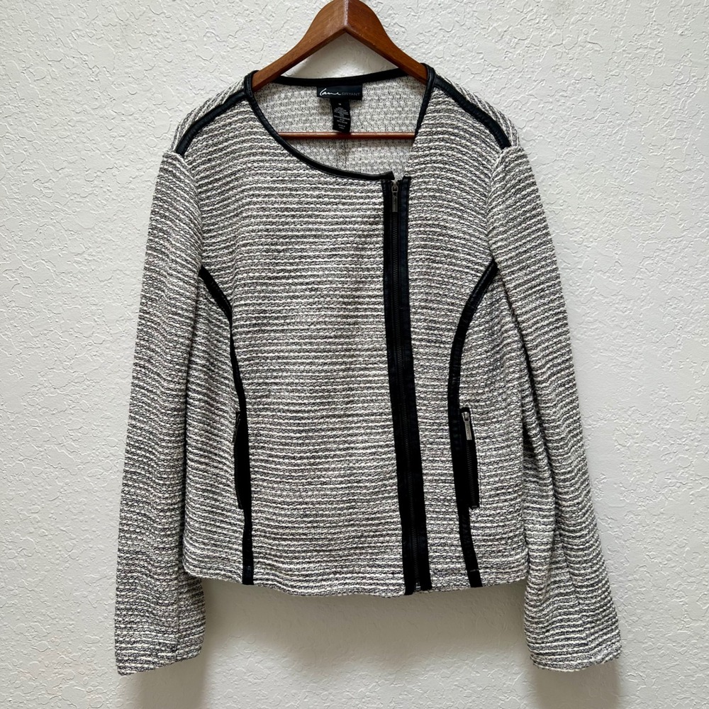 Lane Bryant Zipper Front Moto Jacket Faux Leather Trim Size‎ 18 Boucle Tweed
